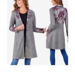 Soft Surroundings Women’s Grandeur Long Jacket‎ Sz PL Gray Purple Duster Velvet